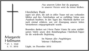Anzeige  Margarete Hollmann  Lippische Landes-Zeitung