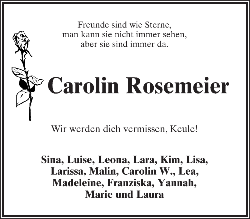  Traueranzeige für Carolin Rosemeier vom 05.12.2012 aus Lippische Landes-Zeitung