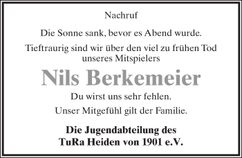 Anzeige  Nils Berkemeier  Lippische Landes-Zeitung