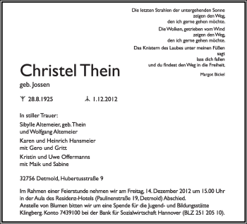 Anzeige  Christel Thein  Lippische Landes-Zeitung