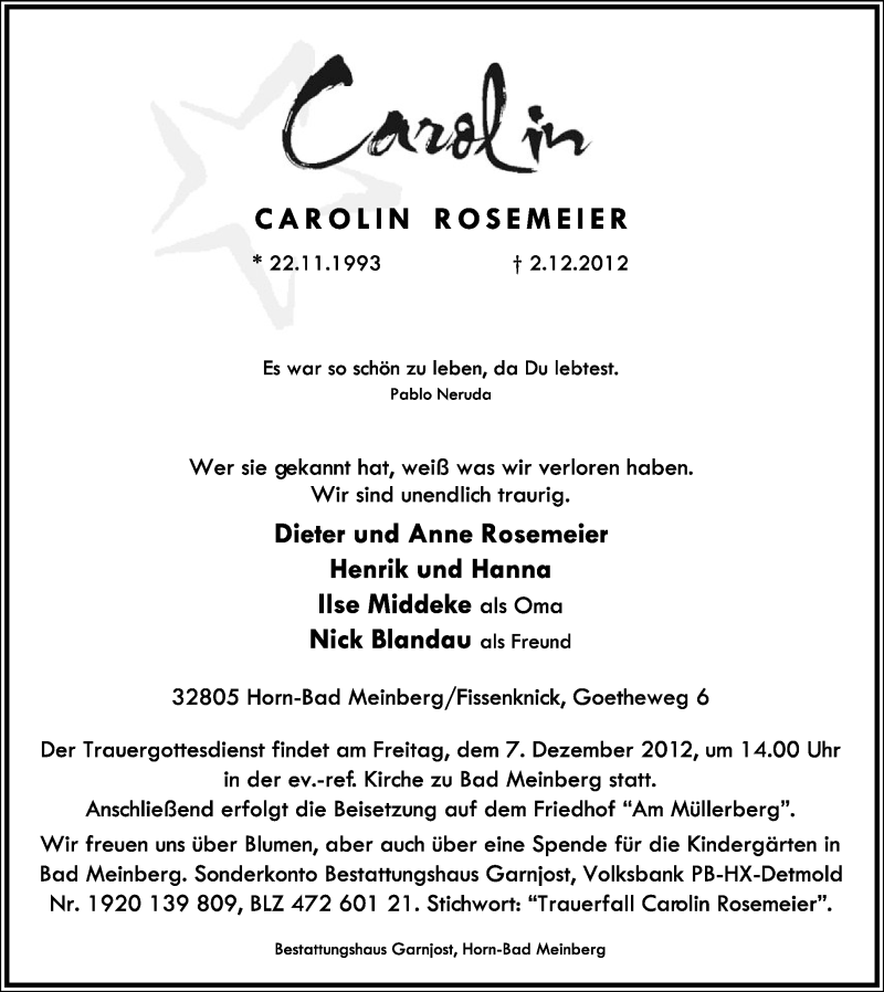  Traueranzeige für Carolin Rosemeier vom 05.12.2012 aus Lippische Landes-Zeitung