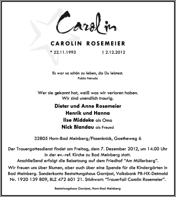 Anzeige  Carolin Rosemeier  Lippische Landes-Zeitung