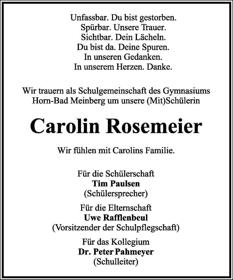  Traueranzeige für Carolin Rosemeier vom 05.12.2012 aus Lippische Landes-Zeitung