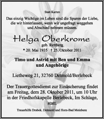 Anzeige  Ruth Oberkrome  Lippische Landes-Zeitung