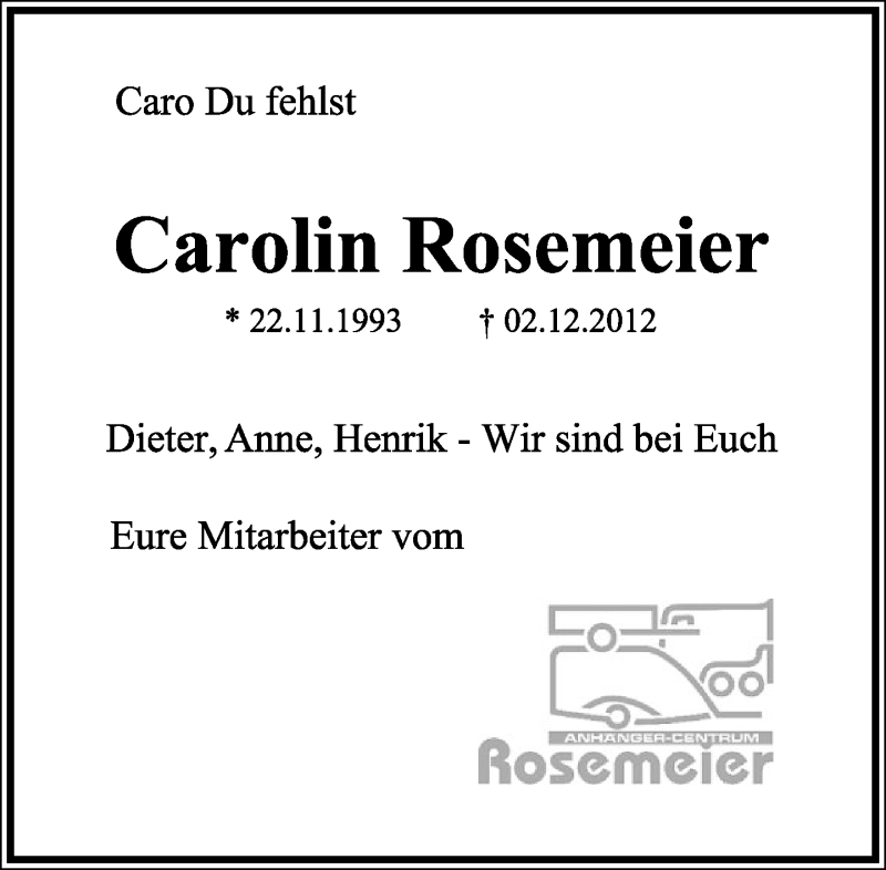  Traueranzeige für Carolin Rosemeier vom 05.12.2012 aus Lippische Landes-Zeitung