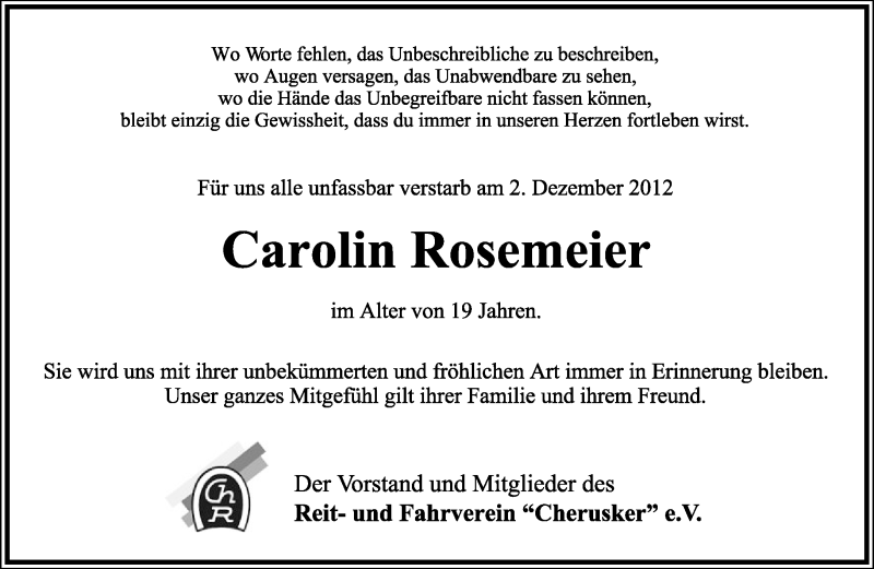  Traueranzeige für Carolin Rosemeier vom 05.12.2012 aus Lippische Landes-Zeitung