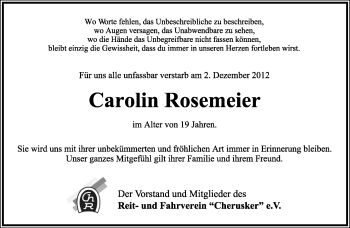 Anzeige  Carolin Rosemeier  Lippische Landes-Zeitung