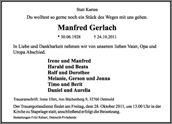 Anzeige  Manfred Gerlach  Lippische Landes-Zeitung