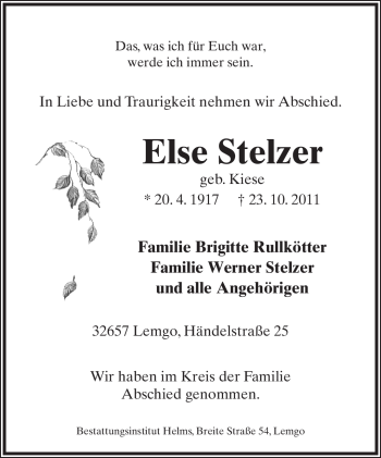Anzeige  Else Stelzer  Lippische Landes-Zeitung