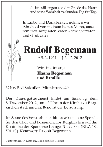 Anzeige  Rudolf Begemann  Lippische Landes-Zeitung