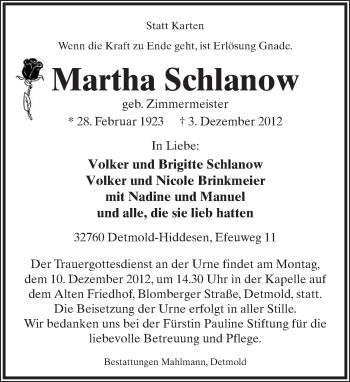 Anzeige  Martha Schlanow  Lippische Landes-Zeitung