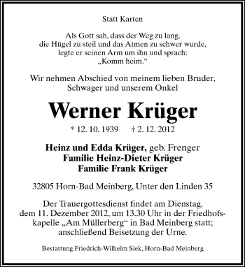 Anzeige  Werner Krüger  Lippische Landes-Zeitung