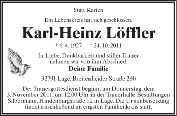 Anzeige  Karl-Heinz Löffler  Lippische Landes-Zeitung