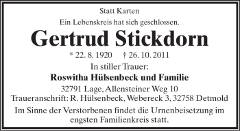 Anzeige  Gertrud Stickdorn  Lippische Landes-Zeitung