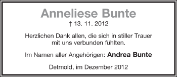 Anzeige  Anneliese Bunte  Lippische Landes-Zeitung