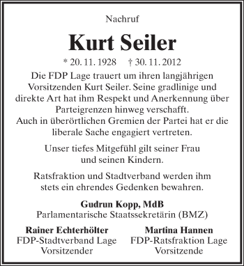Anzeige  Kurt Seiler  Lippische Landes-Zeitung