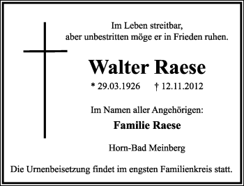Anzeige  Walter Raese  Lippische Landes-Zeitung