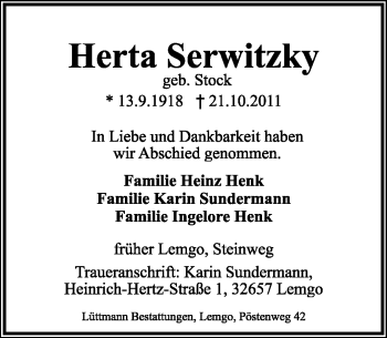 Anzeige  Herta Serwitzki  Lippische Landes-Zeitung
