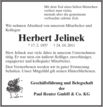 Anzeige  Herbert Jelinek  Lippische Landes-Zeitung