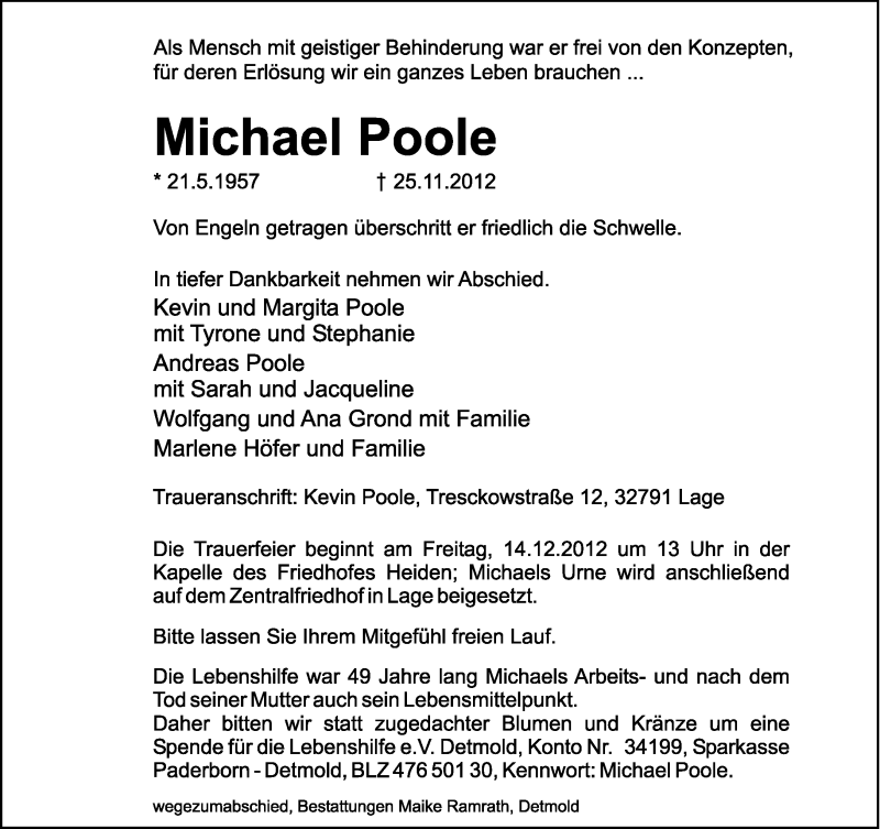  Traueranzeige für Michael Poole vom 08.12.2012 aus Lippische Landes-Zeitung