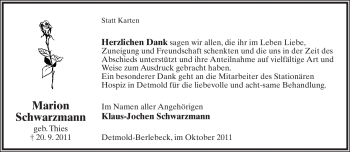 Anzeige  Marion Schwarzmann  Lippische Landes-Zeitung