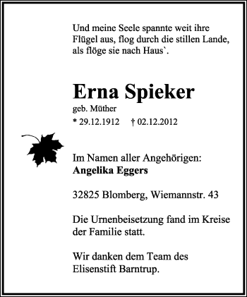 Anzeige  Erna Spieker  Lippische Landes-Zeitung