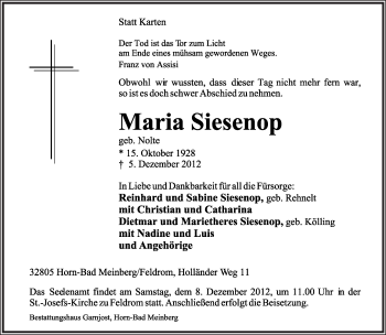 Anzeige  Maria Siesenop  Lippische Landes-Zeitung