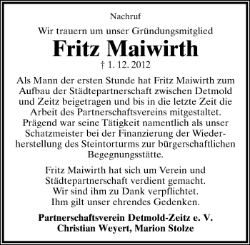 Anzeige  Fritz Maiwirth  Lippische Landes-Zeitung