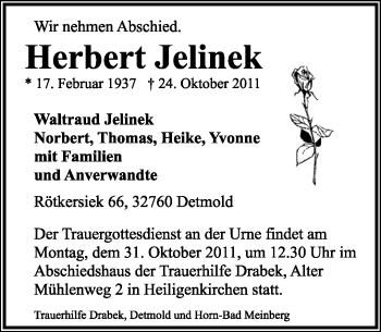 Anzeige  Herbert Jelinek  Lippische Landes-Zeitung
