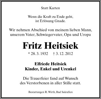 Anzeige  Fritz Heitsiek  Lippische Landes-Zeitung