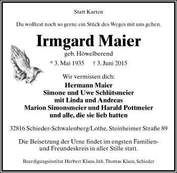 Anzeige  Irmgard Maier  Lippische Landes-Zeitung