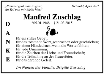 Anzeige  Manfred Zuschlag  Lippische Landes-Zeitung