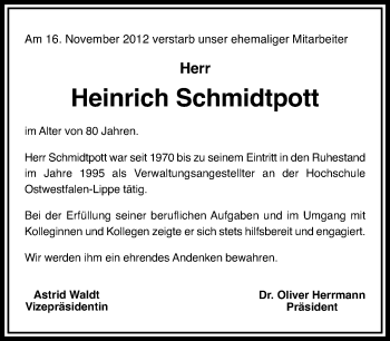 Anzeige  Heinrich Schmidtpott  Lippische Landes-Zeitung