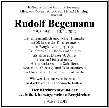 Anzeige  Rudolf Begemann  Lippische Landes-Zeitung
