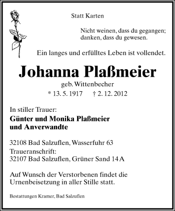 Anzeige  Johanna Plaßmeier  Lippische Landes-Zeitung
