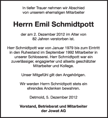 Anzeige  Emil Schmidtpott  Lippische Landes-Zeitung