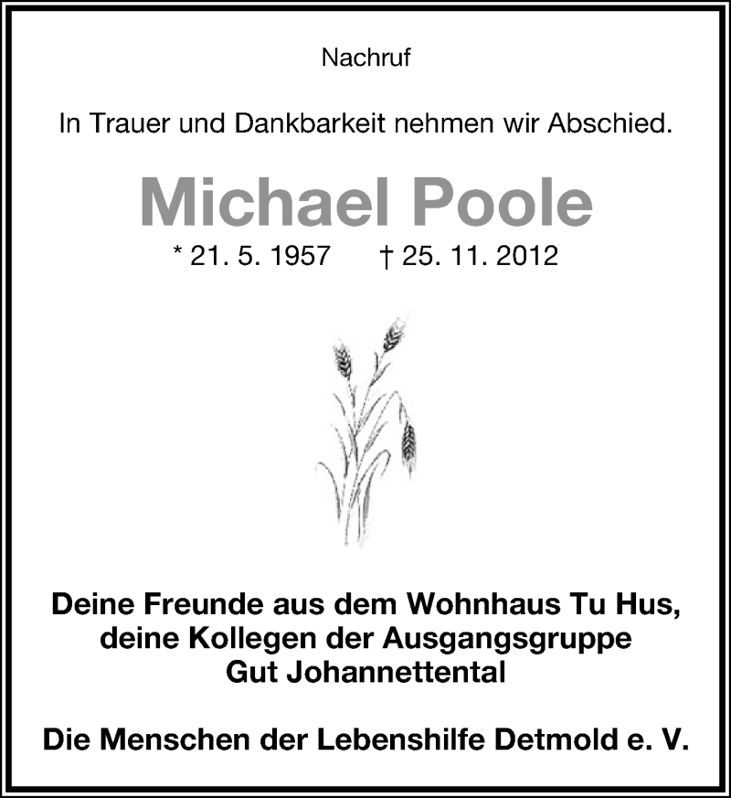  Traueranzeige für Michael Poole vom 08.12.2012 aus Lippische Landes-Zeitung