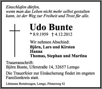 Anzeige  Udo Bunte  Lippische Landes-Zeitung