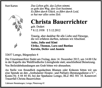 Anzeige  Christa Bauerrichter  Lippische Landes-Zeitung