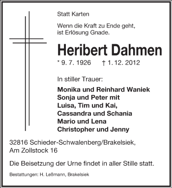 Anzeige  Heribert Dahmen  Lippische Landes-Zeitung