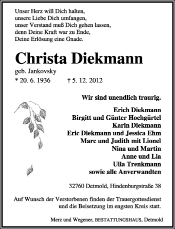 Anzeige  Christa Diekmann  Lippische Landes-Zeitung