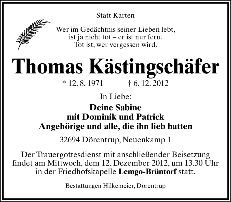 Traueranzeige für Thomas Kästingschäfer vom 08.12.2012 aus Lippische Landes-Zeitung