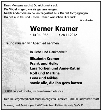Anzeige  Werner Kramer  Lippische Landes-Zeitung