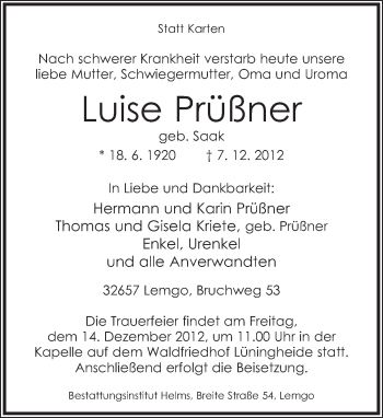 Anzeige  Luise Prüßner  Lippische Landes-Zeitung