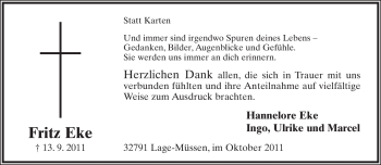 Anzeige  Fritz Eke  Lippische Landes-Zeitung