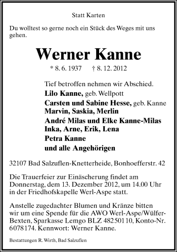 Anzeige  Werner Kanne  Lippische Landes-Zeitung