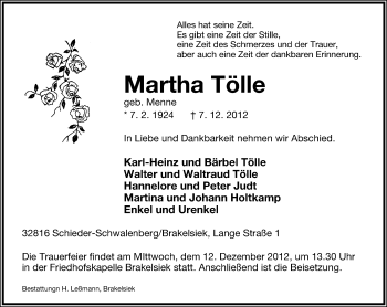 Anzeige  Martha Tölle  Lippische Landes-Zeitung