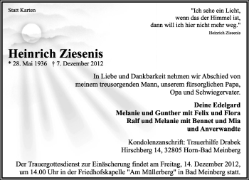 Anzeige  Heinrich Ziesenis  Lippische Landes-Zeitung