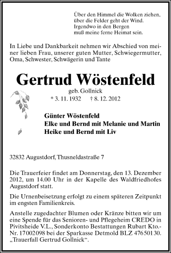 Anzeige  Gertrud Wöstenfeld  Lippische Landes-Zeitung