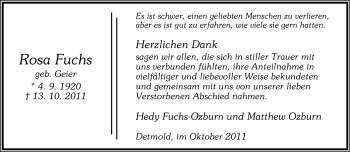 Anzeige  Rosa Fuchs  Lippische Landes-Zeitung